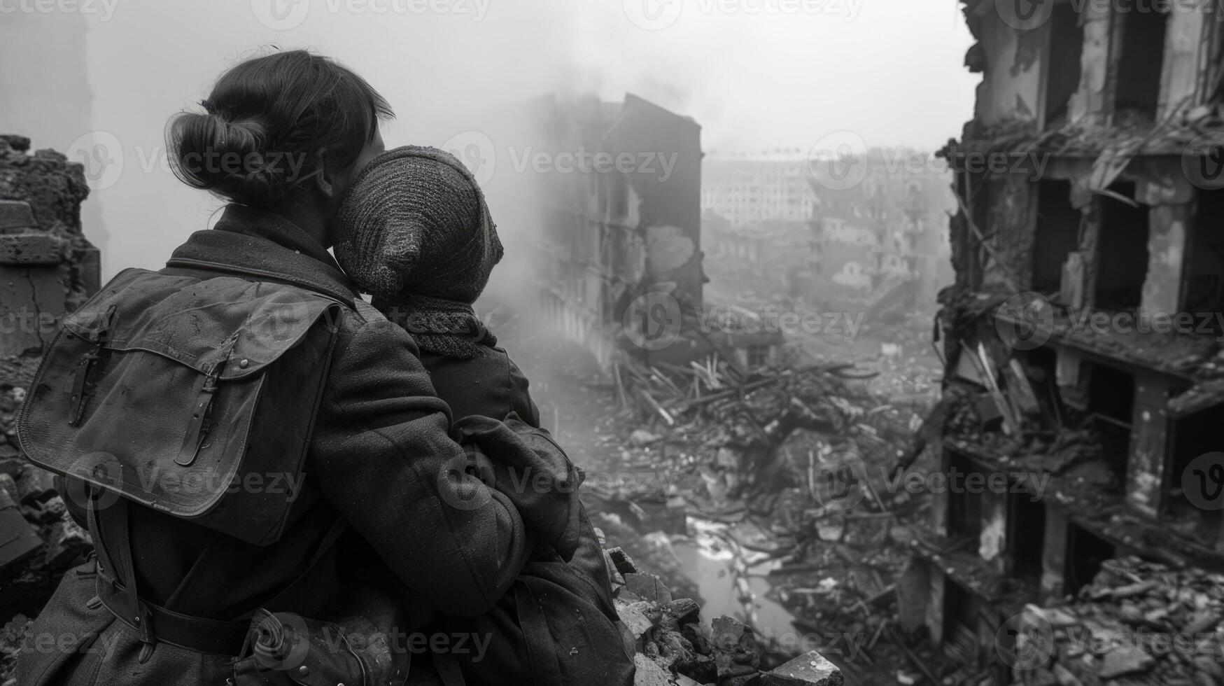 AI generated A heartfelt reflection of horror, a capturing the emotions of tragedy during the great second war, a look at the depth of emotion and fear during a difficult period in history photo