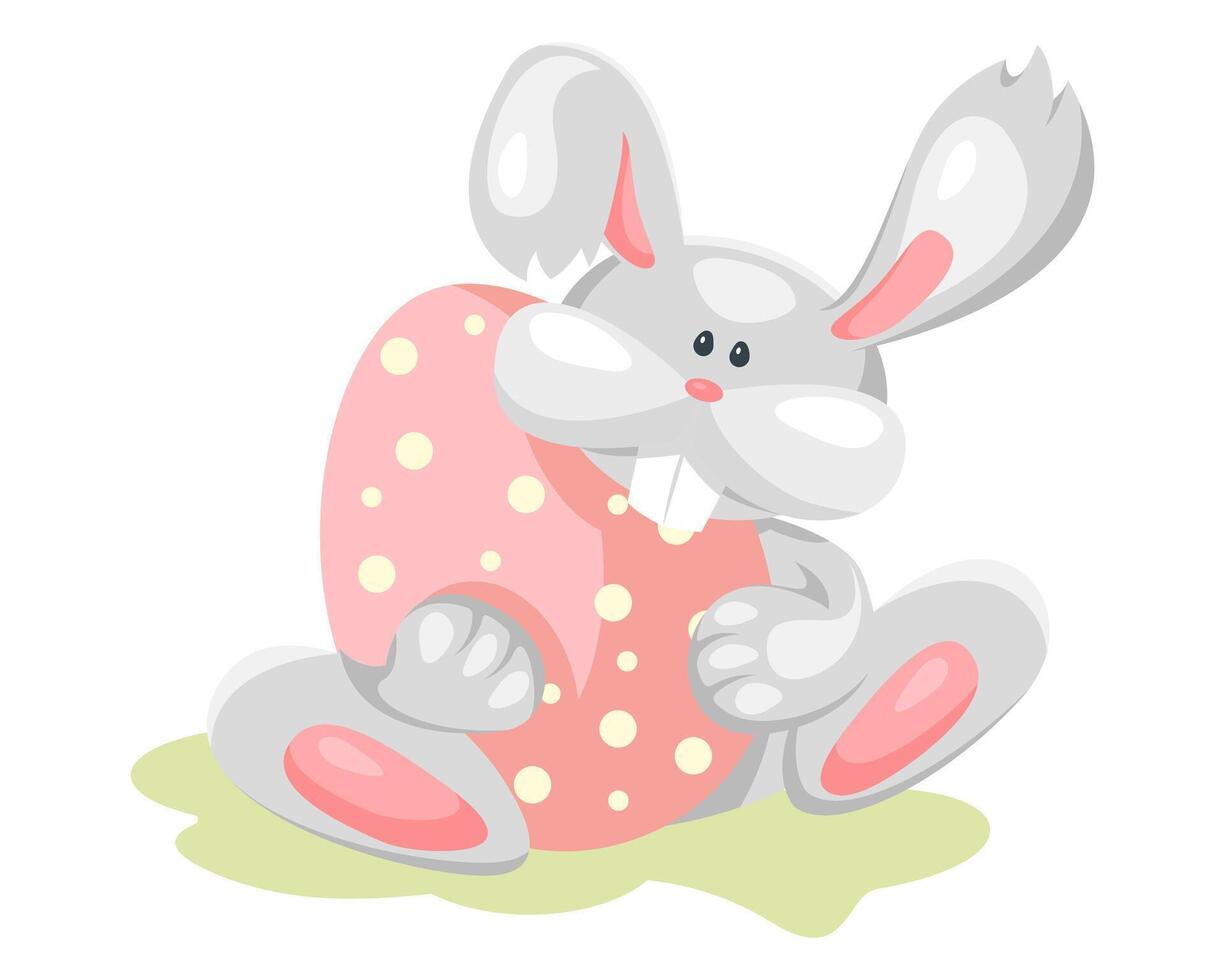 Cute Easter bunny with an egg. Festive spring clipart or sticker. Hand drawn vector illustration.
