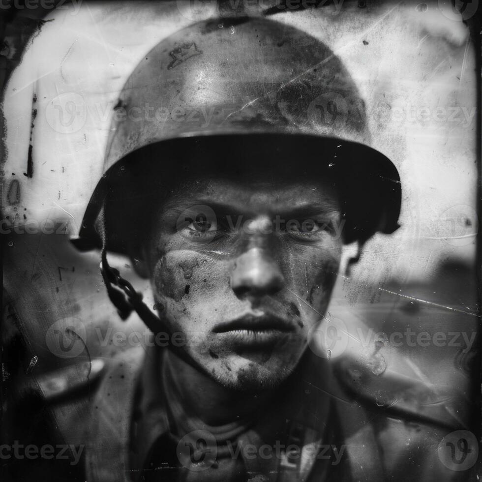 AI generated Poignant wartime portrait, sacrifice and bravery in a soldier's emotional photograph from the second great war, a powerful depiction of human toll and resilience amidst fight for liberty photo