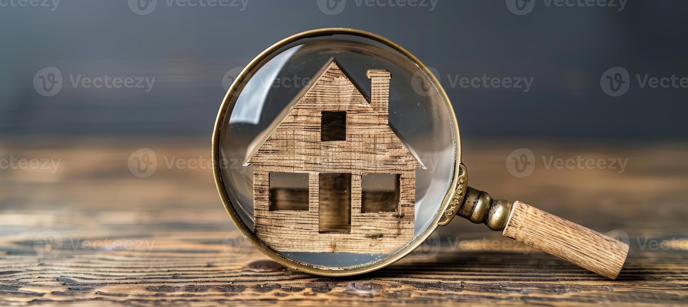 AI generated Exploring real estate  magnifying glass reveals detailed house model for property exploration photo