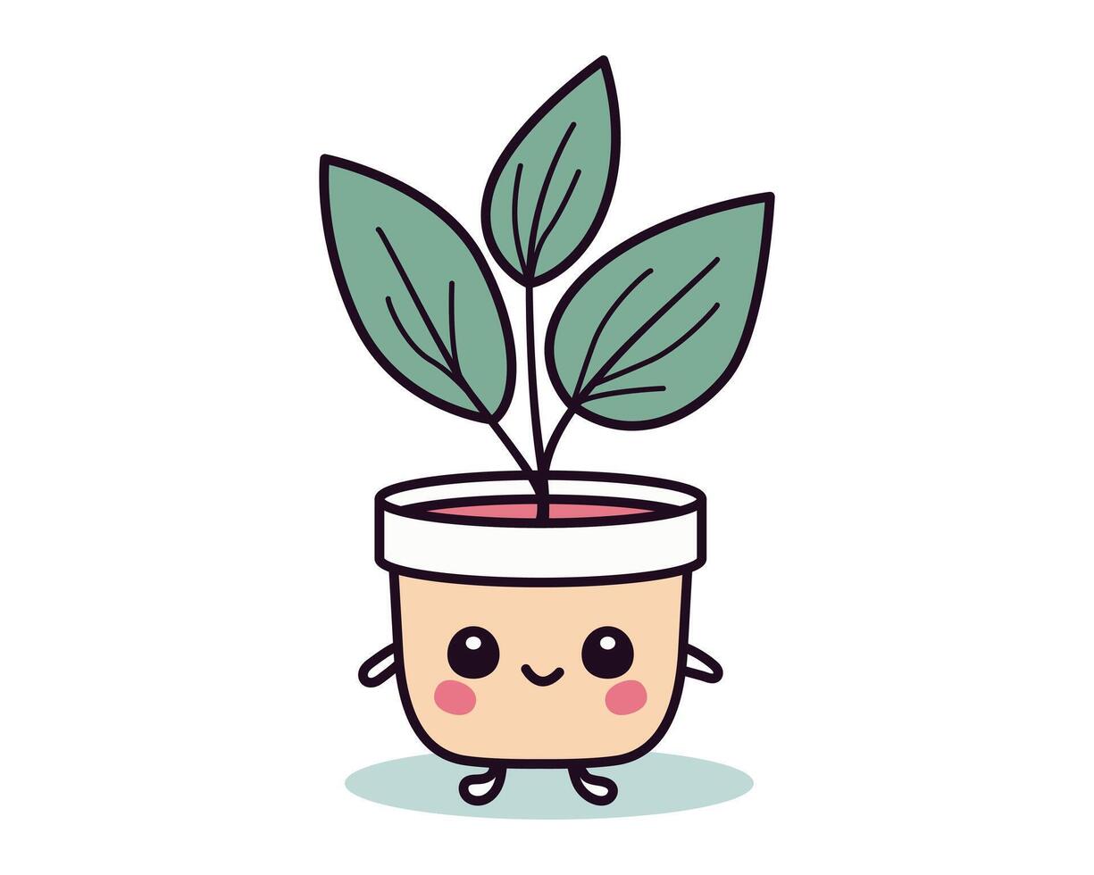 Cute lovely houseplant vector art. Kawaii faces on flower pot with plant. Cartoon style for print.