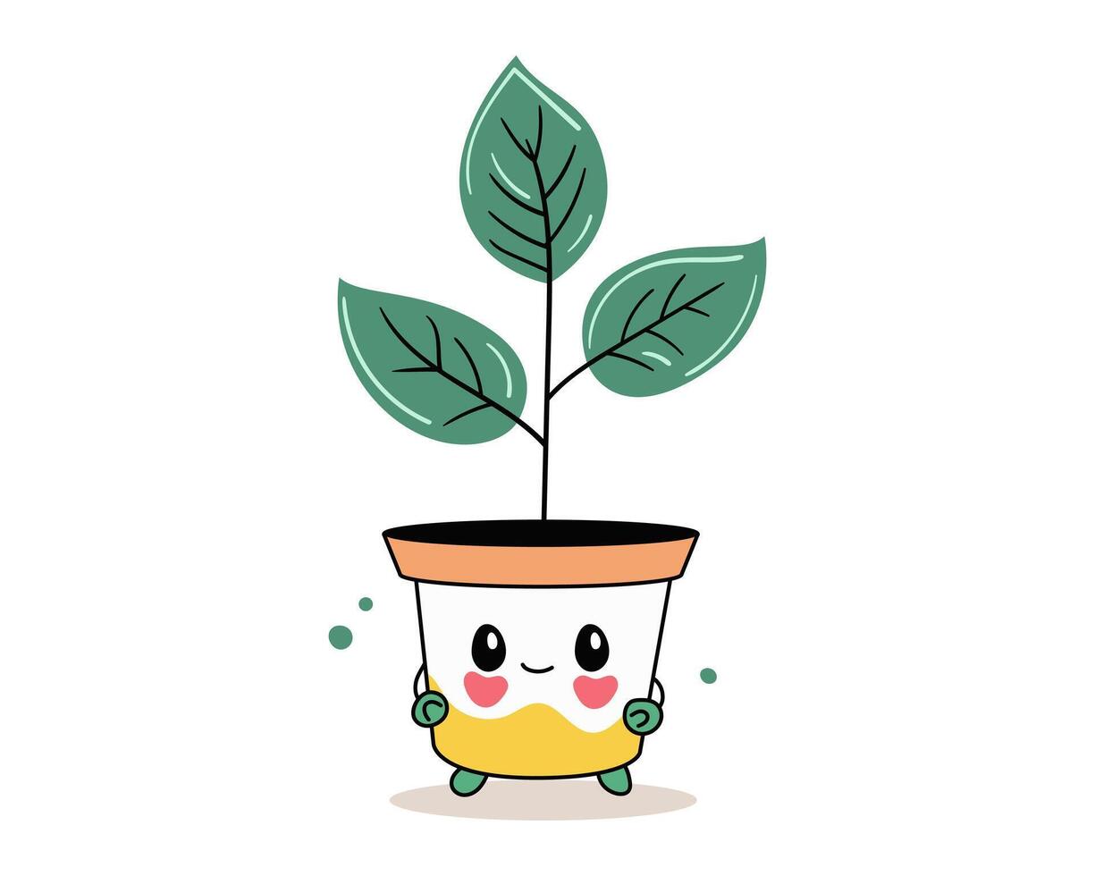 Cute lovely houseplant vector art. Kawaii faces on flower pot with plant. Cartoon style for print.