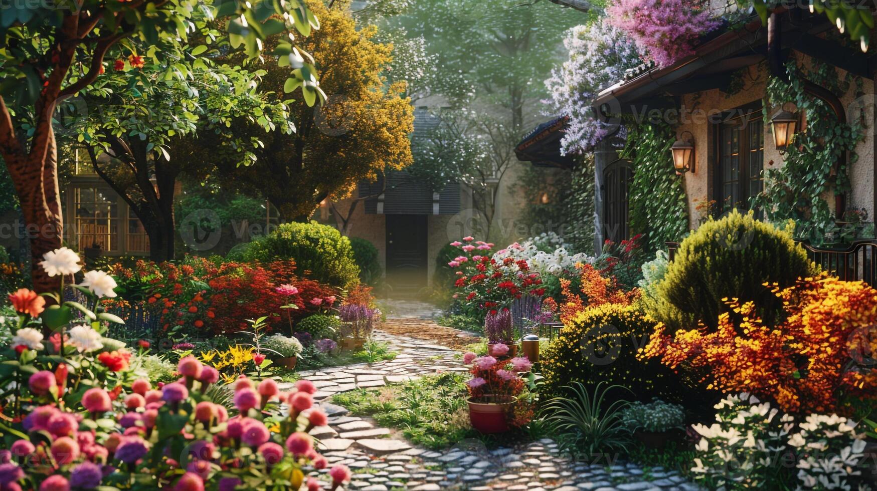 AI generated The garden is a beautiful setting for the summer. photo