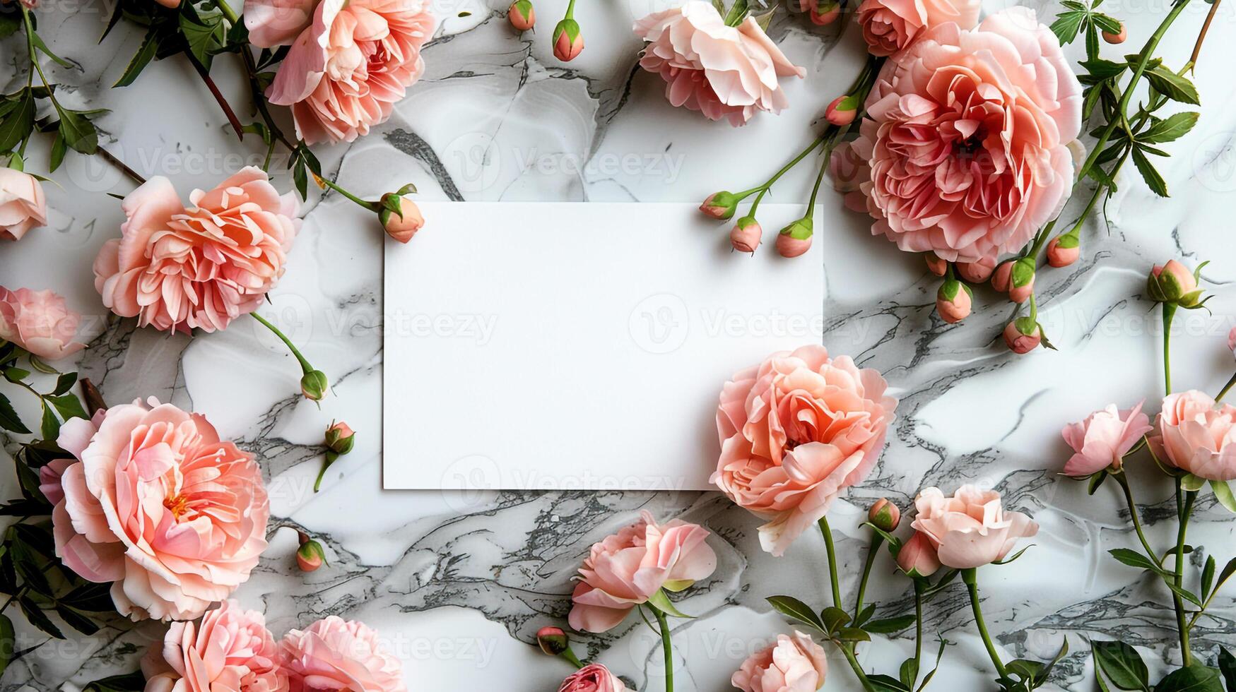 AI generated Spring Serenity Elegant Wedding Celebratory Greeting Card adorned with Flowers on a Light photo