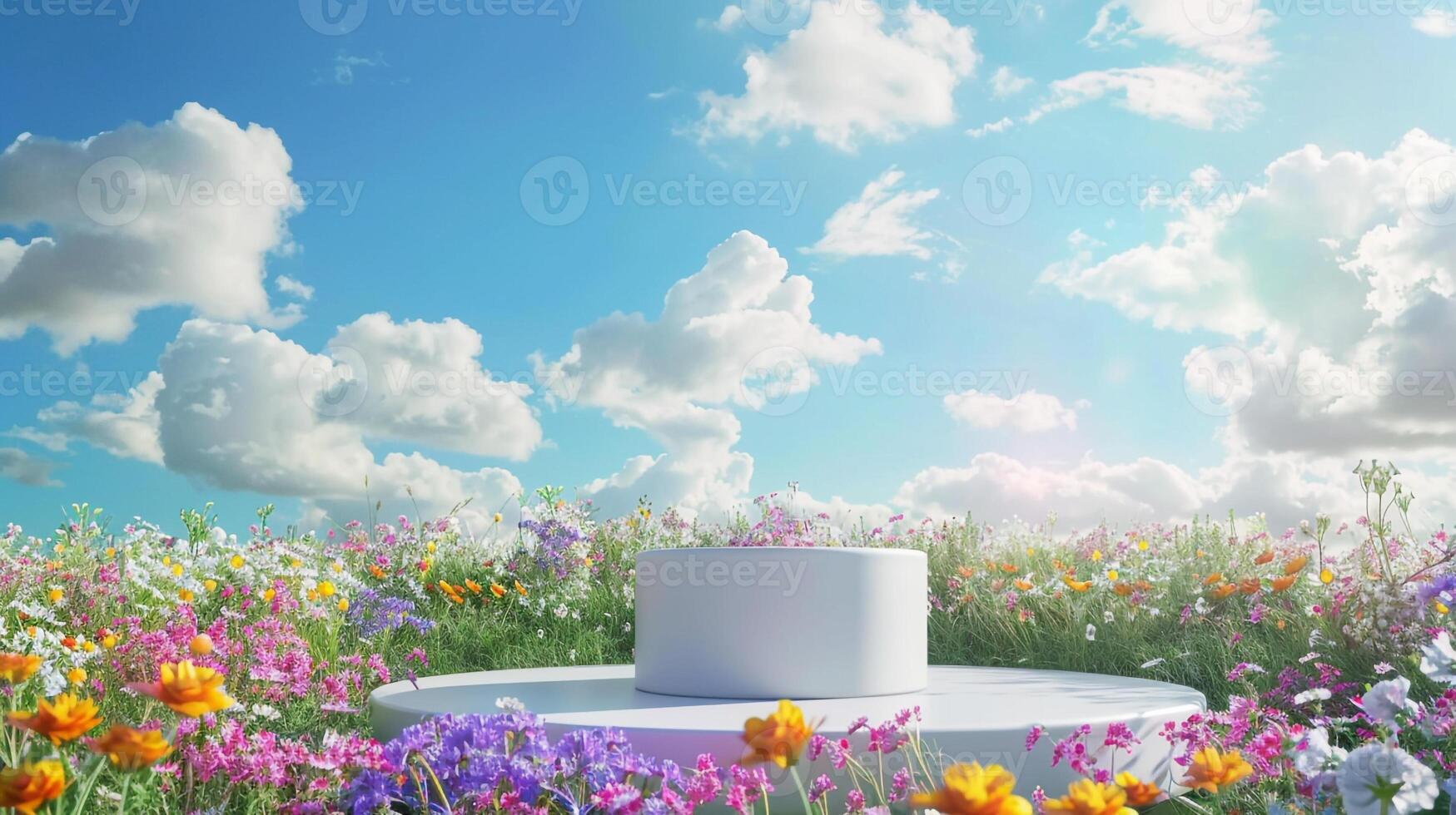 AI generated Products display podium scene with white flower Stand to show cosmetic product photo