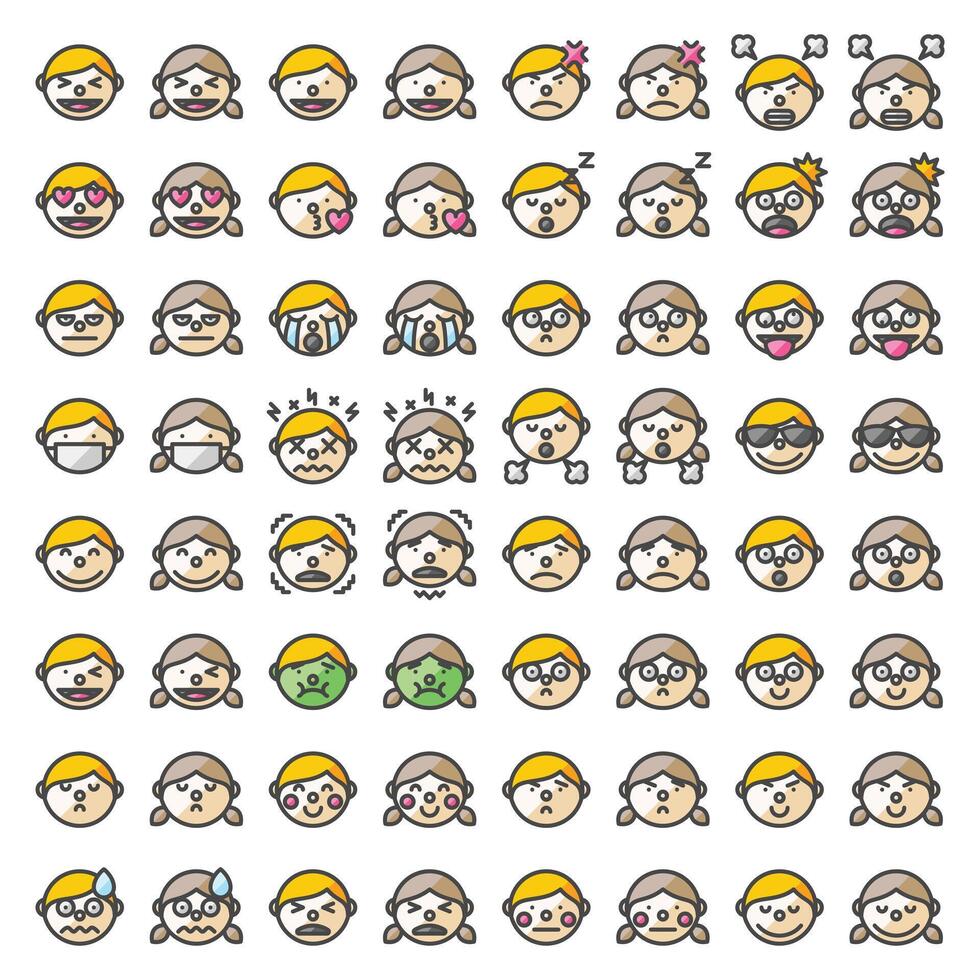 Multipurpose Boy and Girl Expressions Vector Icon Set in Filled Outline Style
