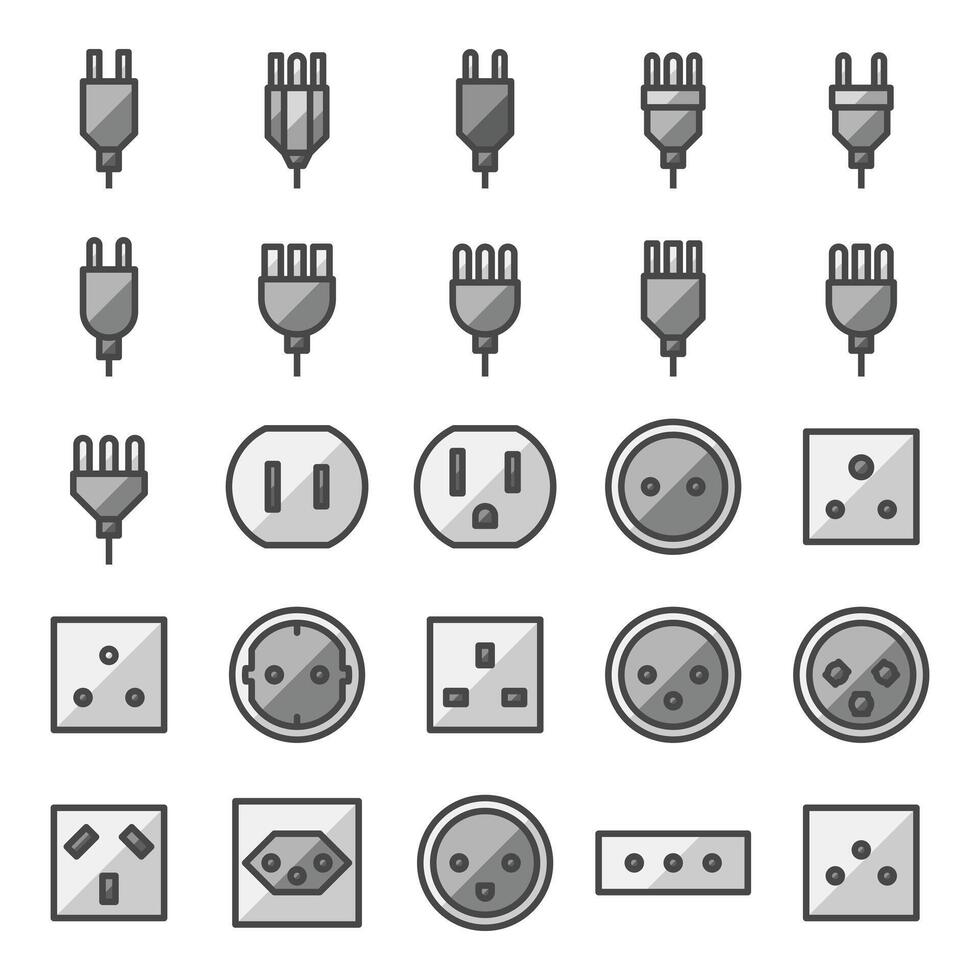 Multipurpose Power Plug and Power Outlet Vector Icon Set in Filled Outline Style