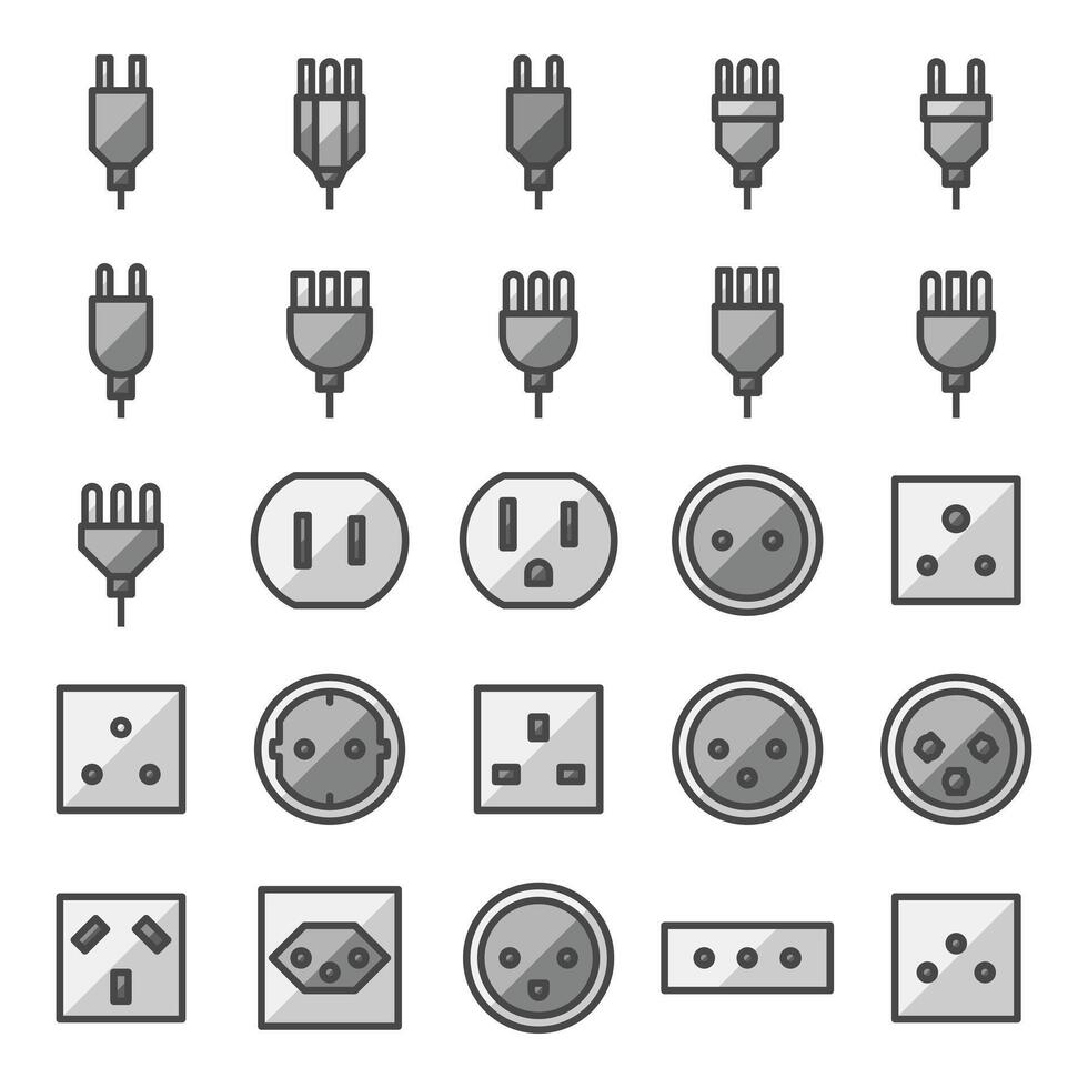 de múltiples fines poder enchufe y poder toma de corriente vector icono conjunto en lleno contorno estilo