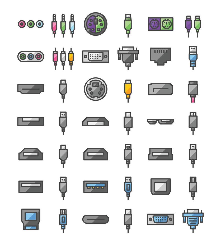 Multipurpose Port and Connector Vector Icon Set in Filled Outline Style