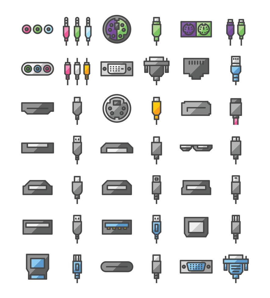 de múltiples fines Puerto y conector vector icono conjunto en lleno contorno estilo