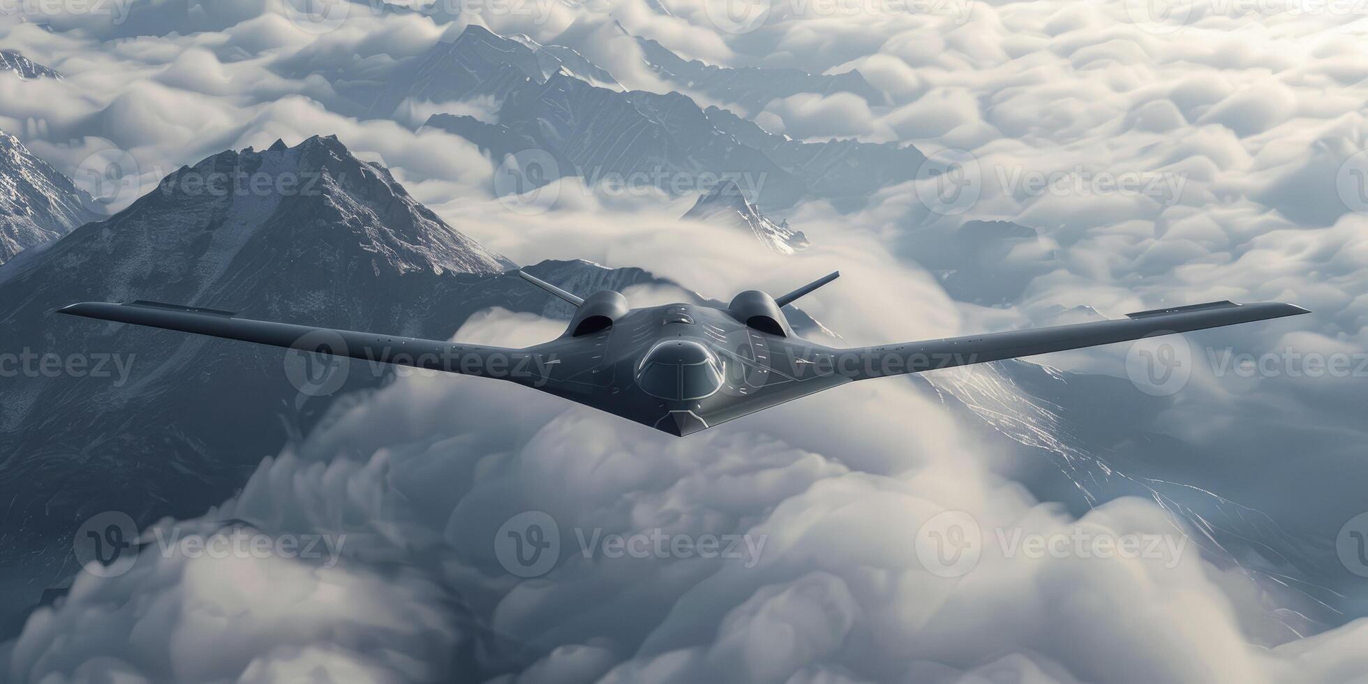 AI generated Sky Guardians, Unmanned Military Drone Soars Above the Clouds, Exemplifying American Technology in Military Reconnaissance and Surveillance. Concept of Aerial Security and Rapid Response. photo