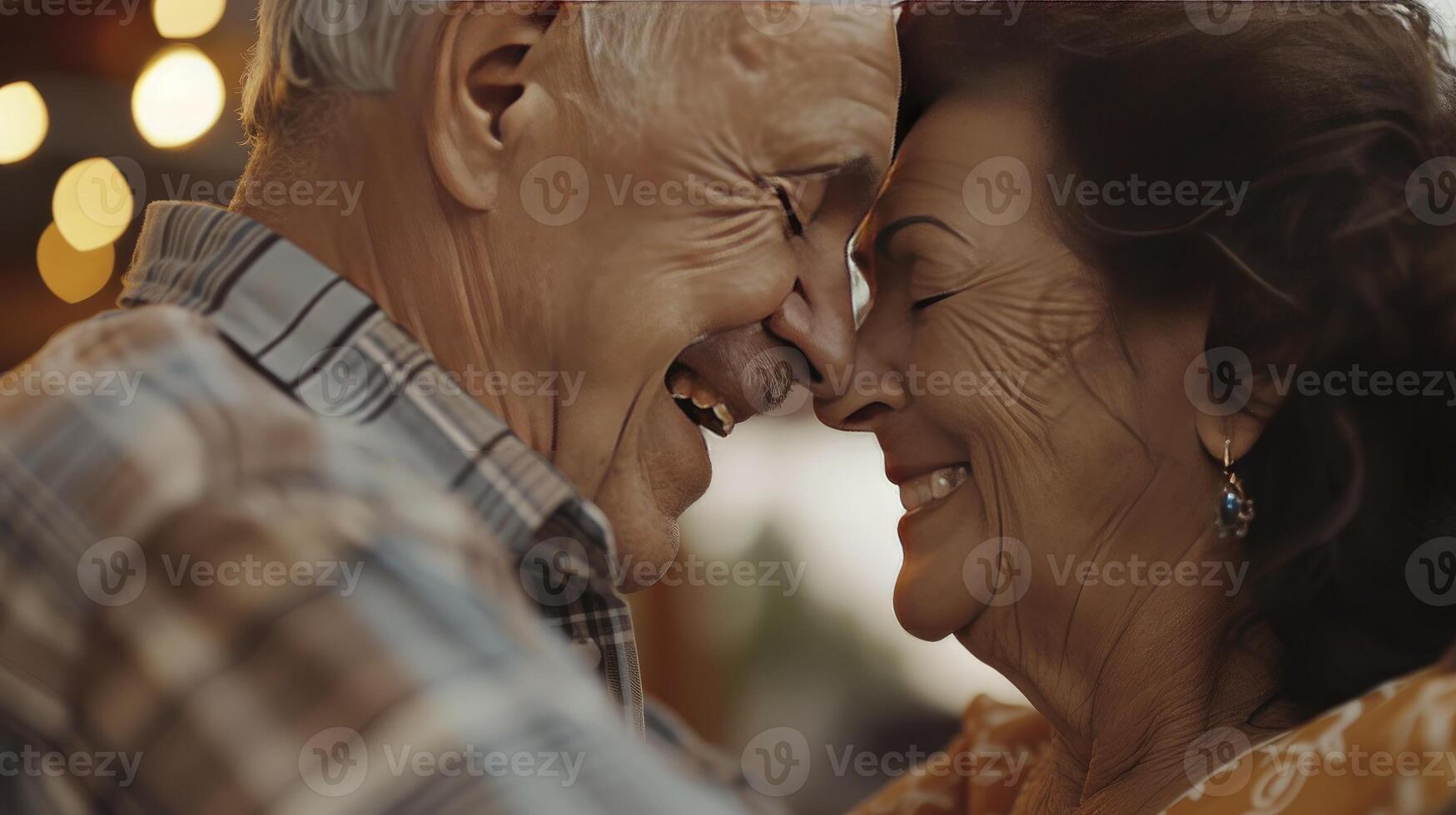 ai generado amor en movimiento, alegre retirado marido y esposa bailando y riendo juntos, deleitando en un romántico lento bailar. foto