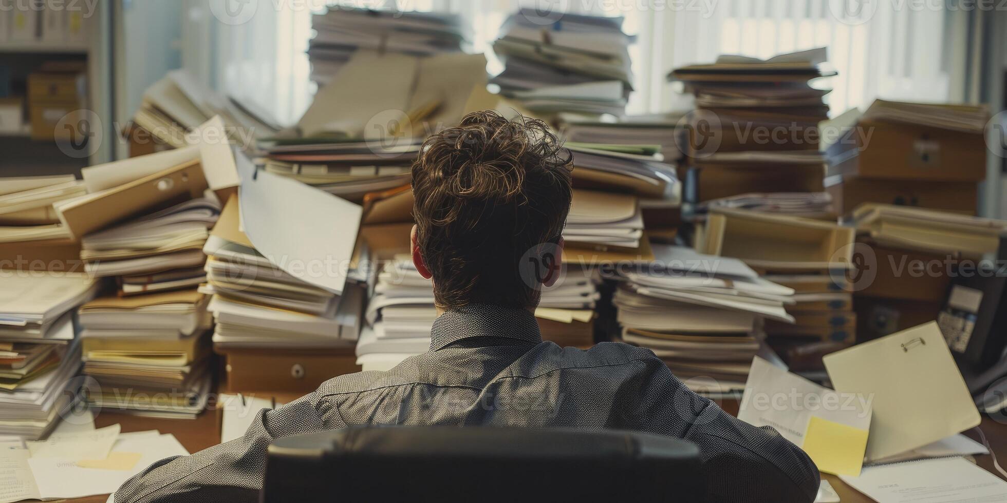 AI generated Weary Worker, Exhausted Man Sits Amidst Piles of Folders and Papers in Office, Viewed from Behind. photo