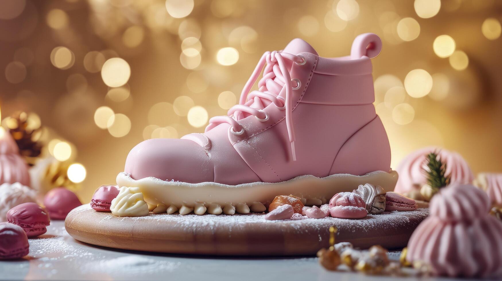 AI generated A Burberry shoe shaped fondant cake on the dining table photo