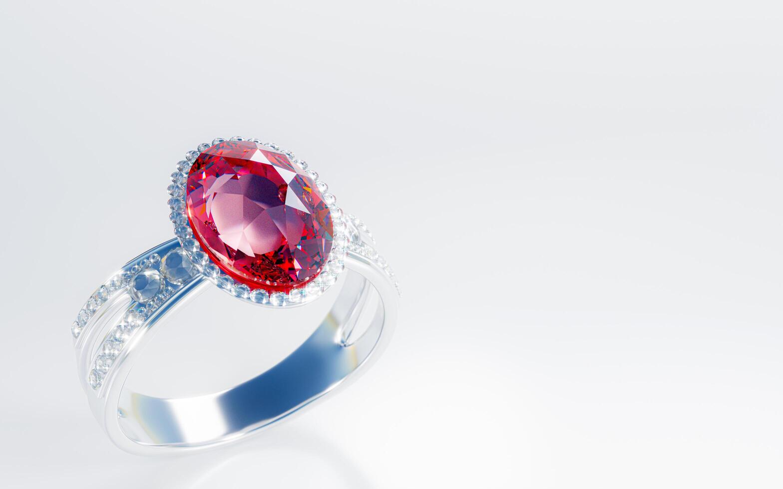 The large red diamond or ruby is surrounded by many diamonds on the ring made of platinum gold placed on a gray background. Elegant wedding diamond ring for women.  3d rendering photo