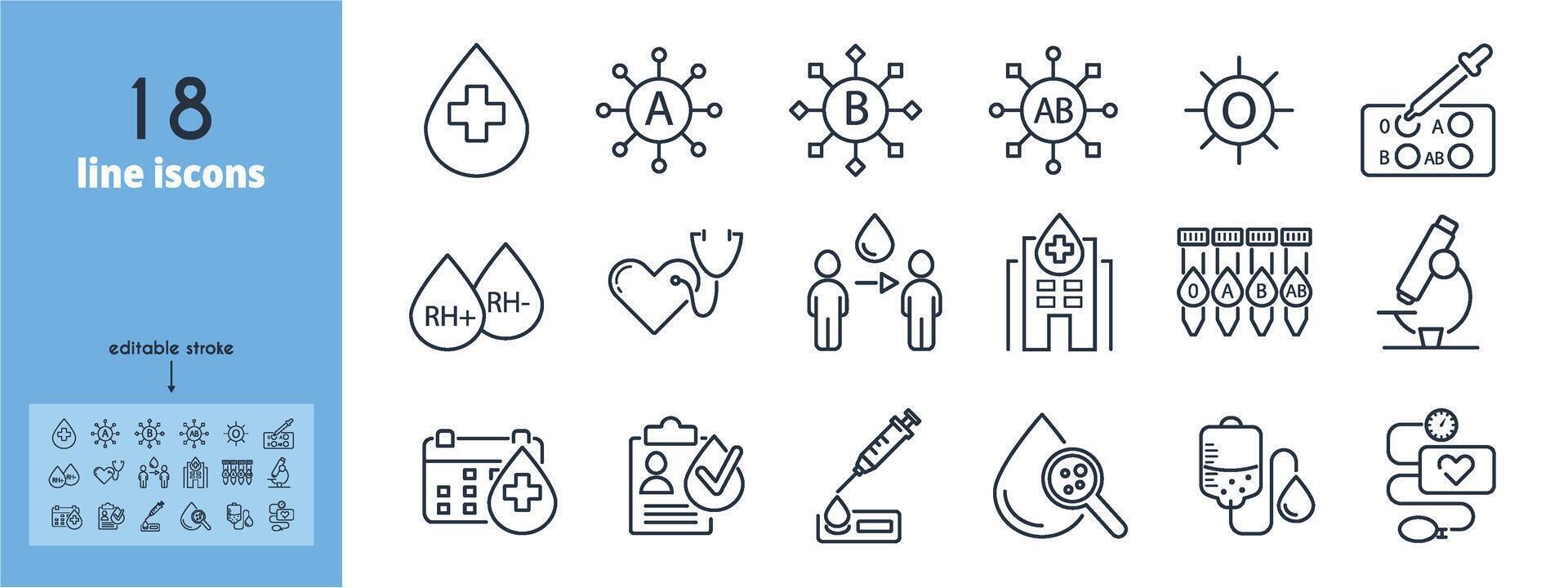 Blood donate line icons set. Cell, anemia, hematology, cancer, vessel, medical vector illustration. Editable Strokes.