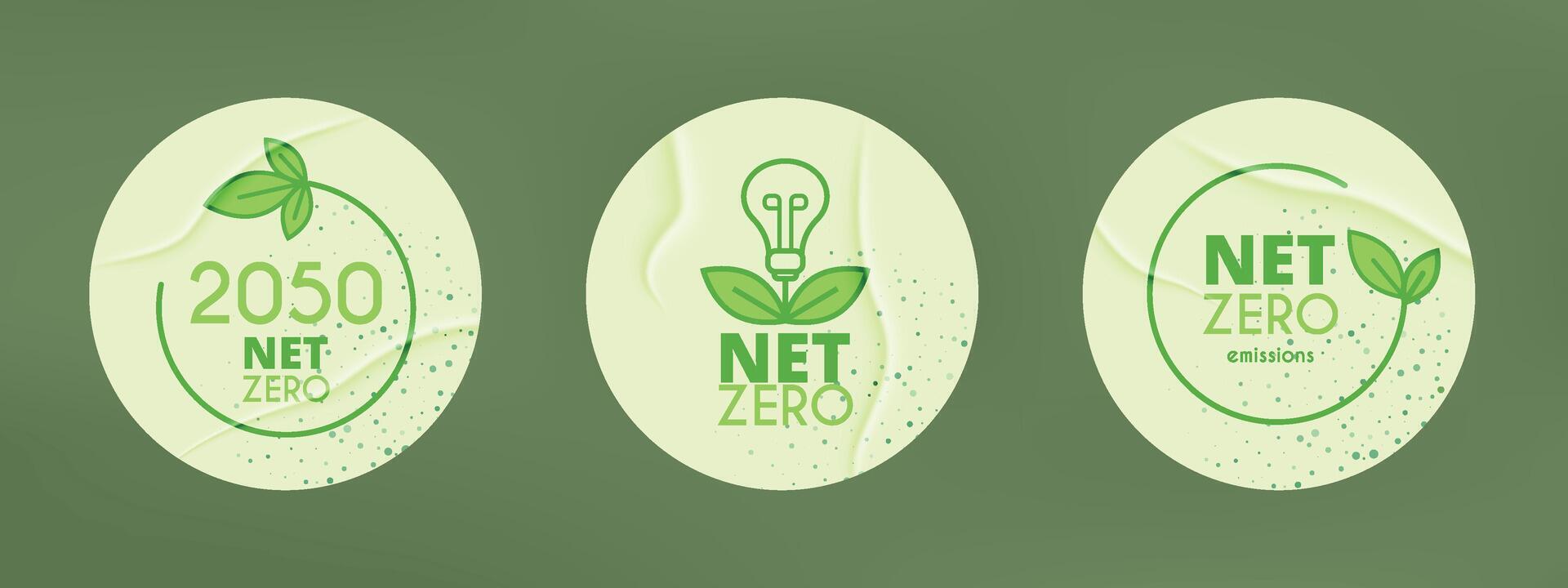 3 round glued stickers. Net zero 2050 icon. Reduction of carbon emissions. Sustainable and green energy practices. ESG and CO2 neutral concept. Vector illustration in green color