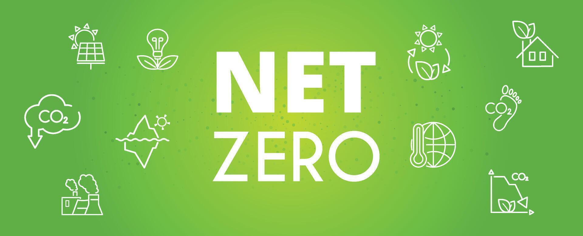 Zero emission by 2050 and carbon neutral concept on green background. Vector illustration. The goal is to reduce CO2 emissions and greenhouse gases.