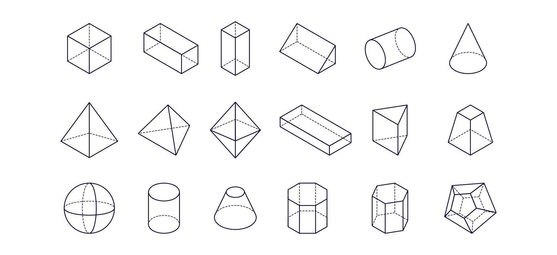 Set of vector line icons of geometric shapes. Cube, sphere, cone, cylinder, pyramid and other 3d geometrical figures. Outline signs