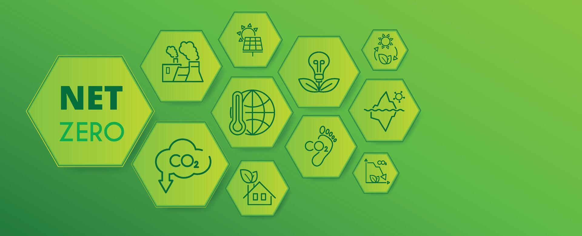 Zero emission by 2050 and carbon neutral concept. Hexagon banner on green background. Vector illustration. The goal is to reduce CO2 emissions and greenhouse gases.