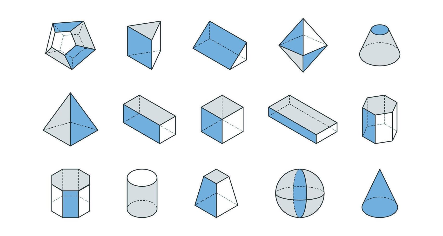 geométrico formas línea íconos conjunto en azul y gris. básico estereometría cifras. 3d cubo, esfera, cono, cono, cilindro, pirámide vector ilustración