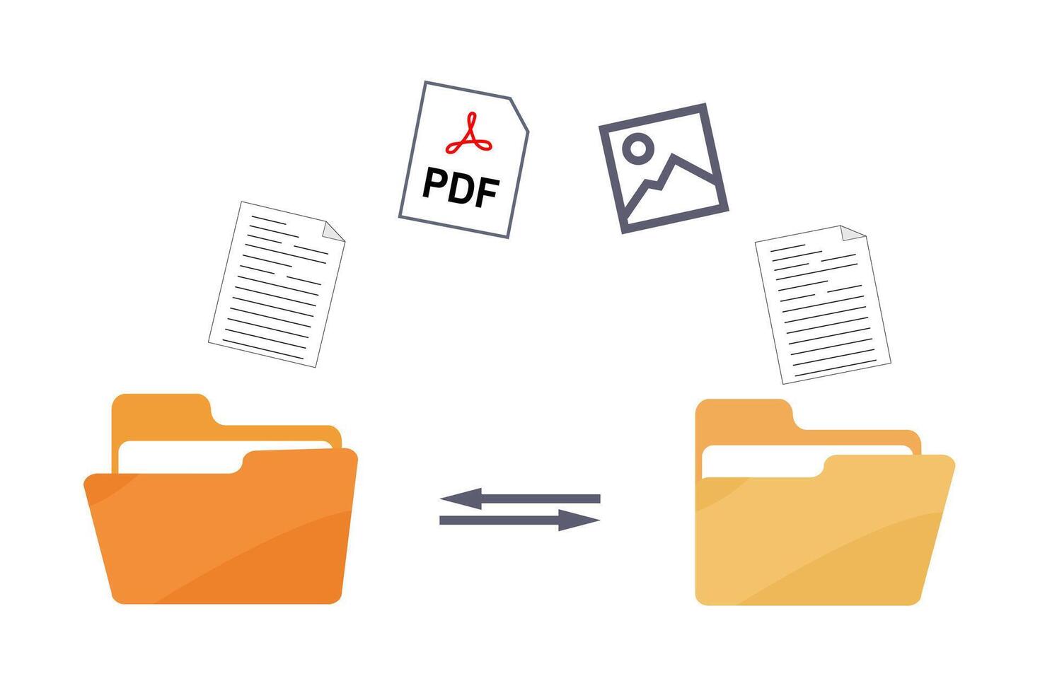 File transfer computer folder to folder. File sharing file exchange File copying and pasting upload and download concept. Transferring Document, Video, image and PDF Files, data backup Monitor Screen. vector