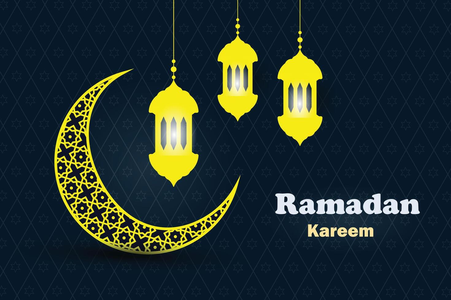 Ramadán kareem islámico antecedentes con linterna creciente Luna estrellas y mandala modelo dorado color islámico saludos. Ramadán Mubarak islámico festival decoración santo mes celebracion bandera, invitación. vector
