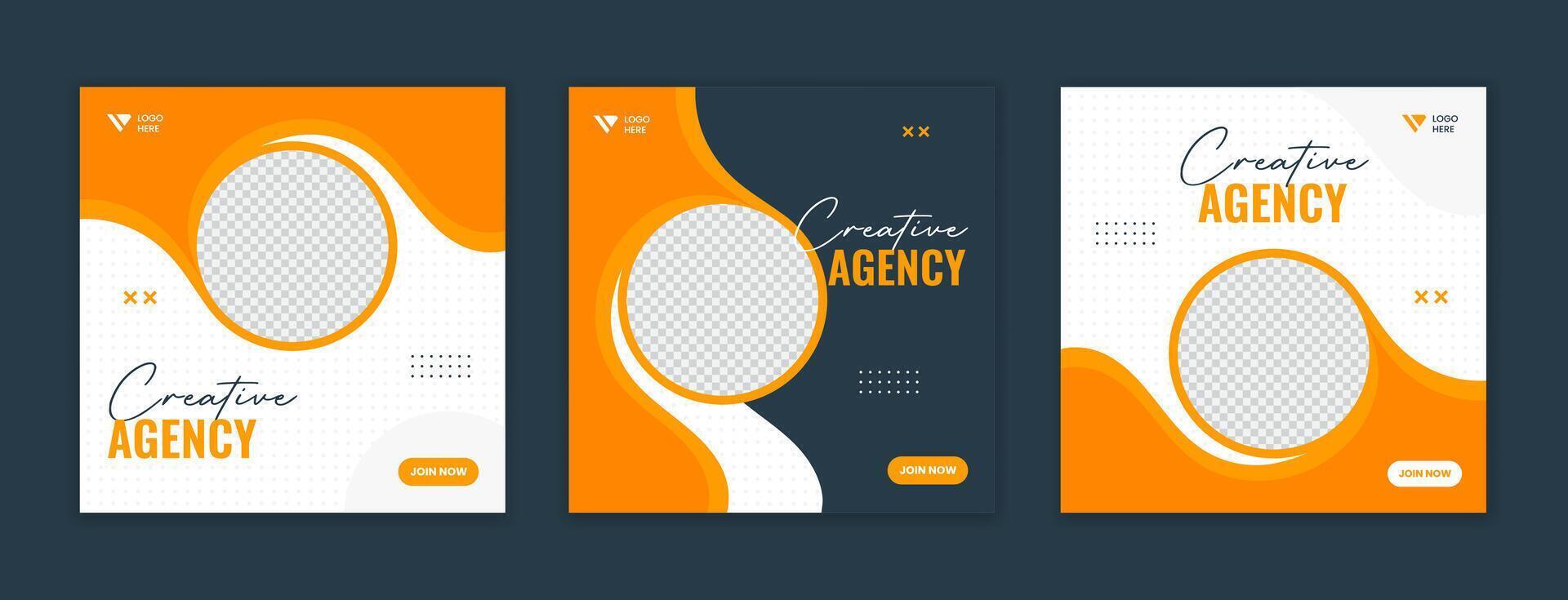 Round corporate social media post template, orange business editable layout set vector