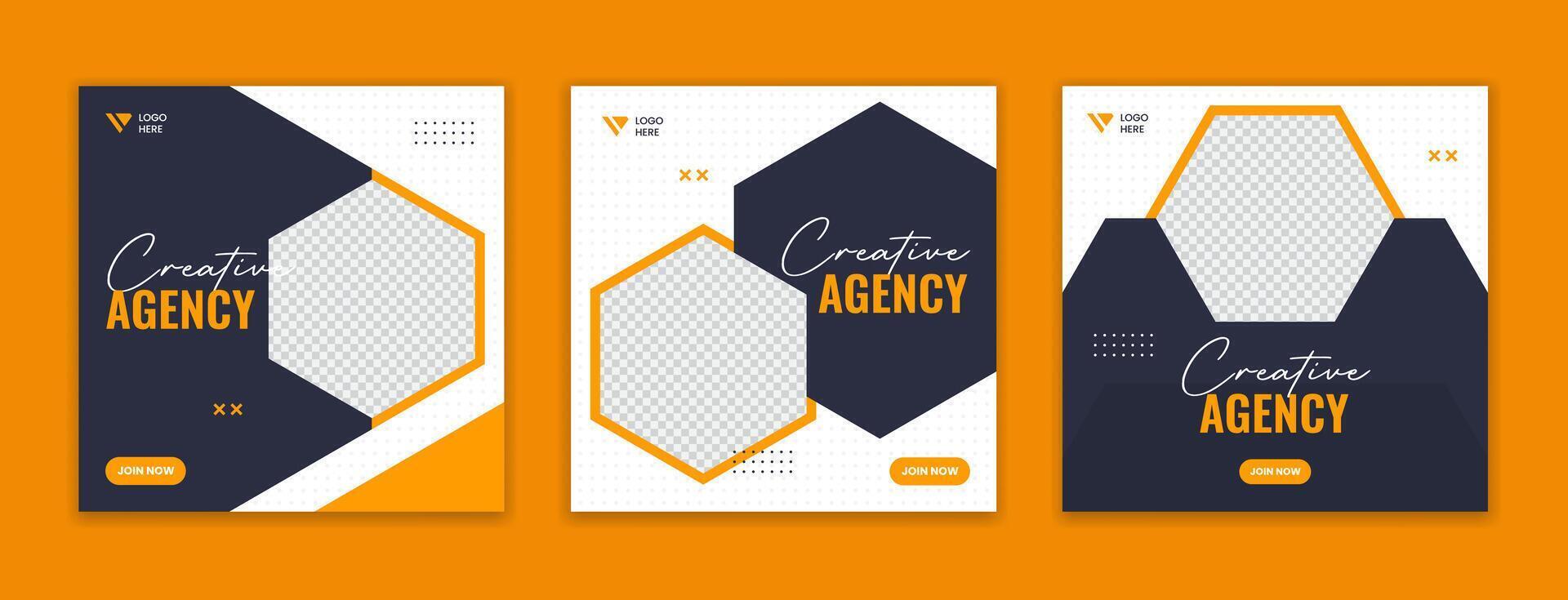 Creative corporate social media post design, business online square layout. Hexagon shape abstract vector template