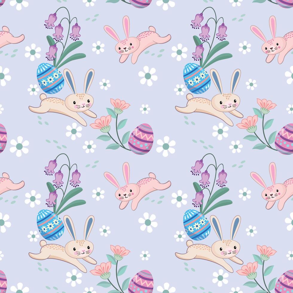 Bunny with Easter egg and flowers seamless pattern vector