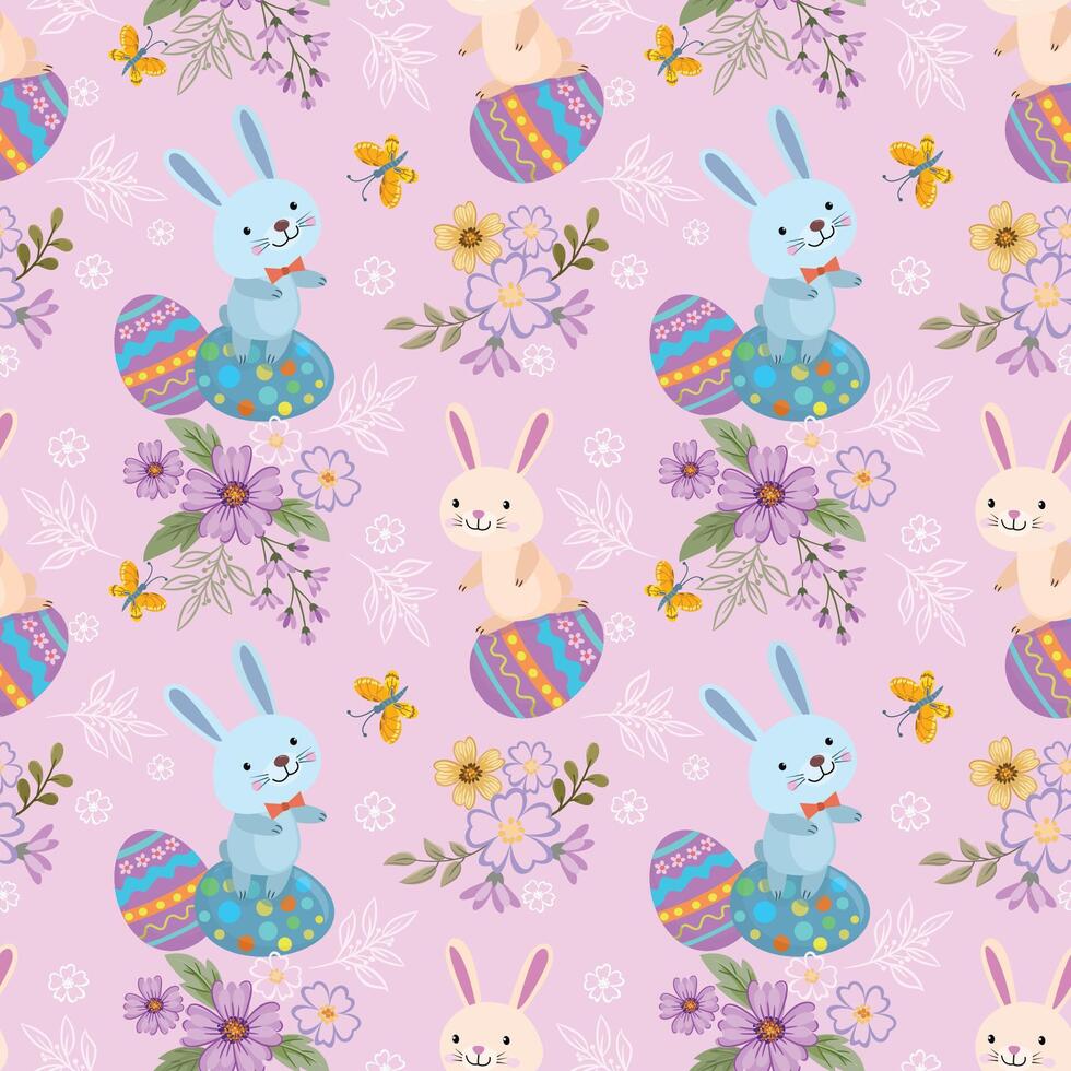 Bunny with Easter egg and flowers seamless pattern vector