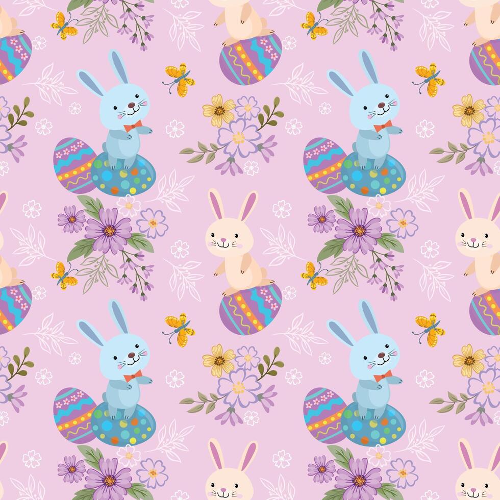 Bunny with Easter egg and flowers seamless pattern vector