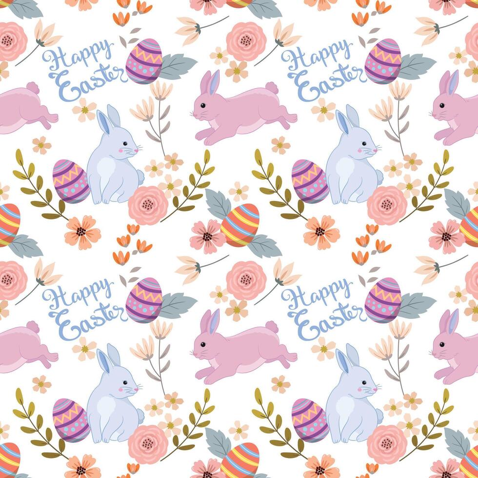 Bunny with Easter egg and flowers seamless pattern vector