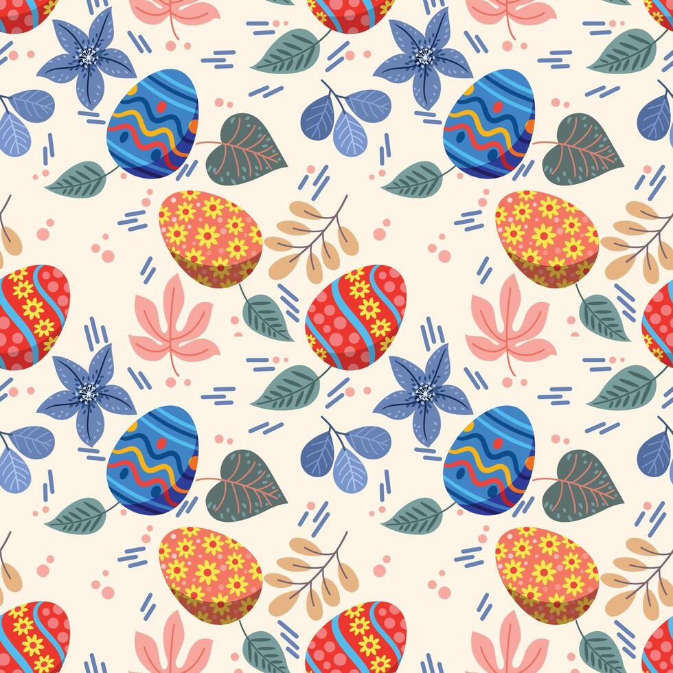 Cute colorful Easter egg with flowers and leaf seamless pattern vector