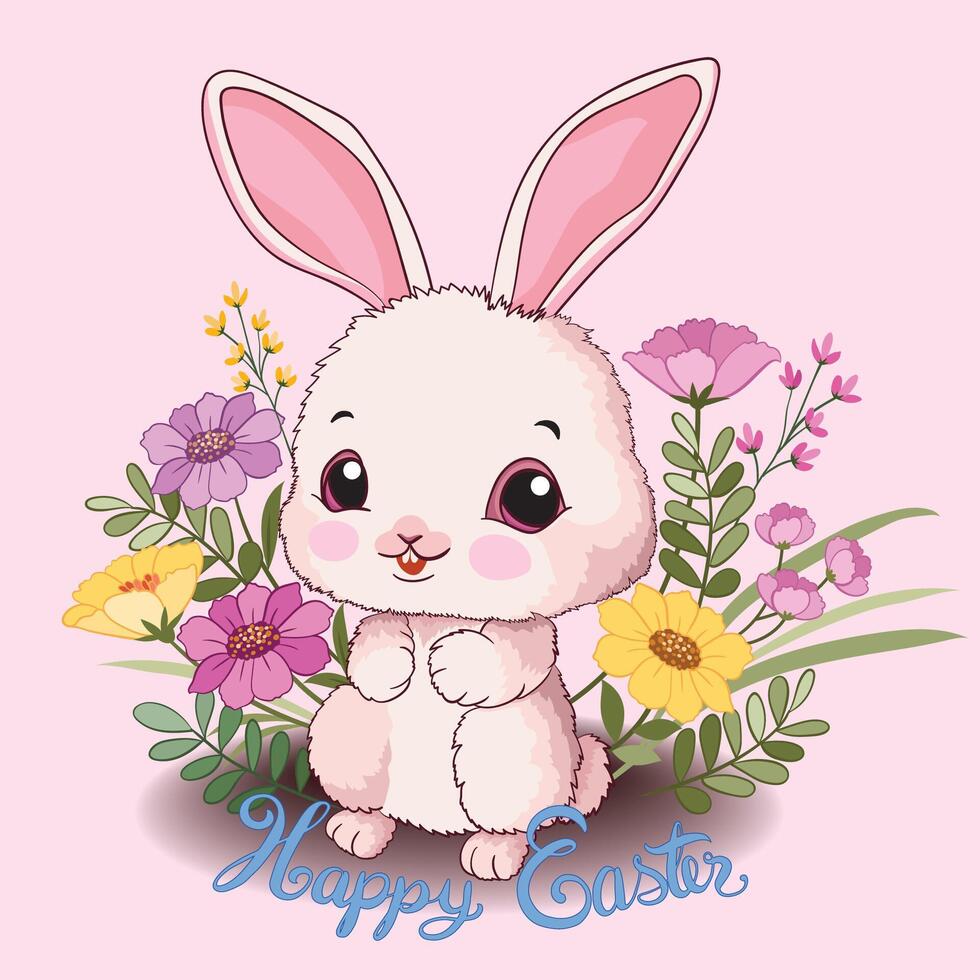 Cute Easter bunny with flowers for decoration. vector