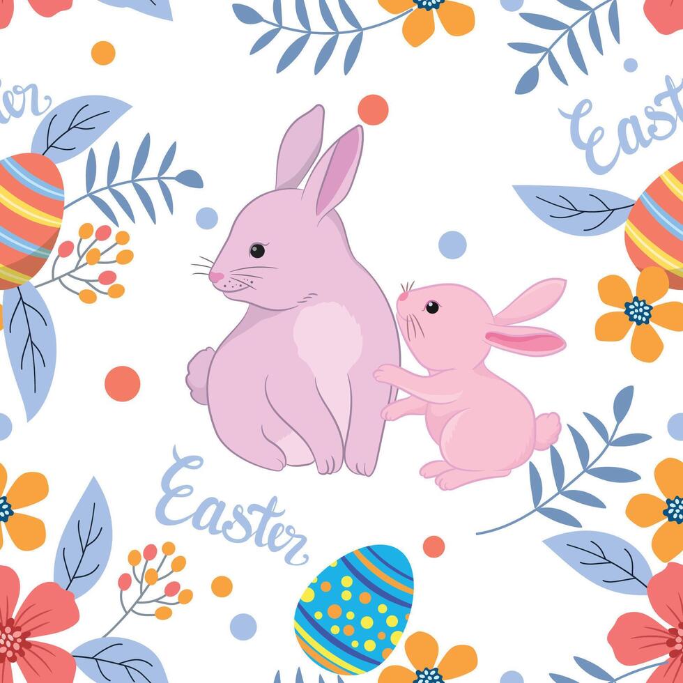 Bunny with Easter egg and flowers seamless pattern vector