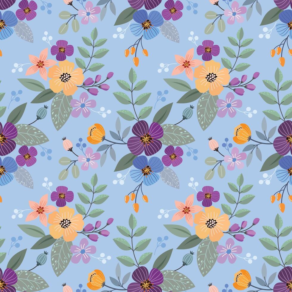 Flowers and leaf design on blue background seamless pattern. vector