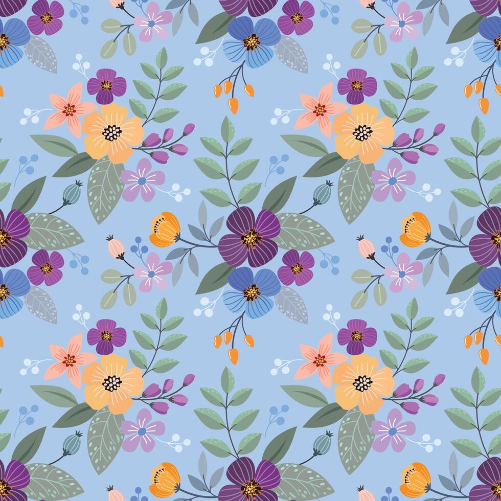 Flowers and leaf design on blue background seamless pattern. vector