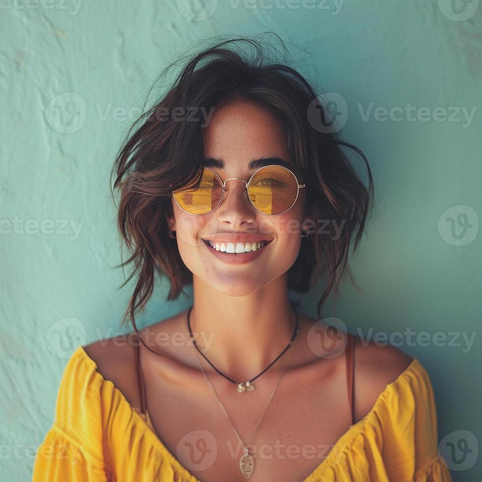 AI Generated A portrait of a joyful young woman with yellow sunglasses and a sunny top, radiating happiness and style. photo