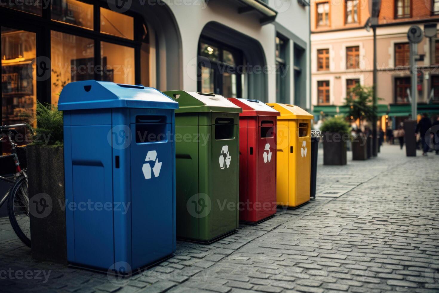 AI Generated Colorful trash cans lined the cobblestone street highlight eco-friendly practices in an urban setting. photo