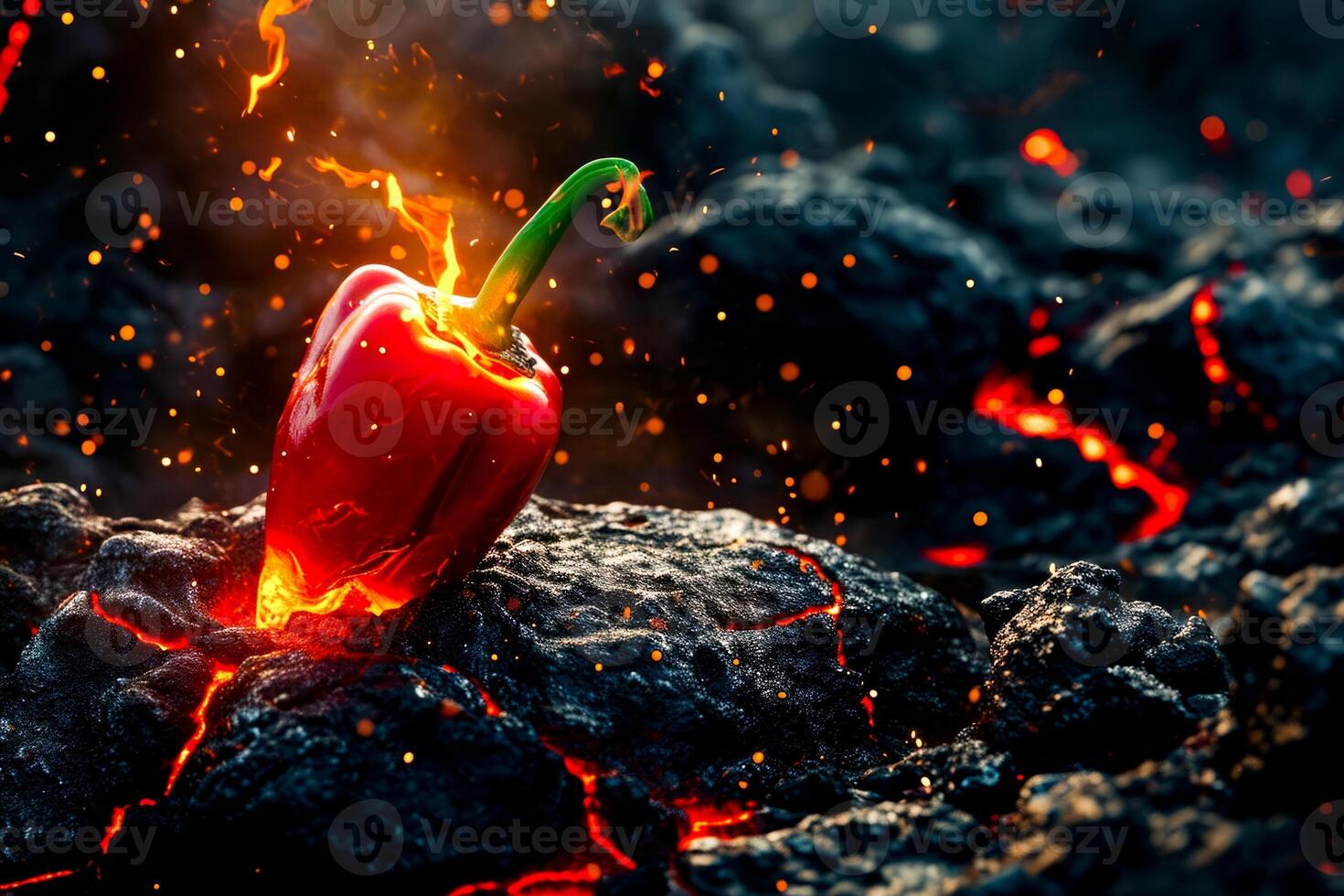 ai generado un brillante imagen de un rojo campana pimienta encerrado en un lava textura simboliza el picante y nitidez de el gusto. foto