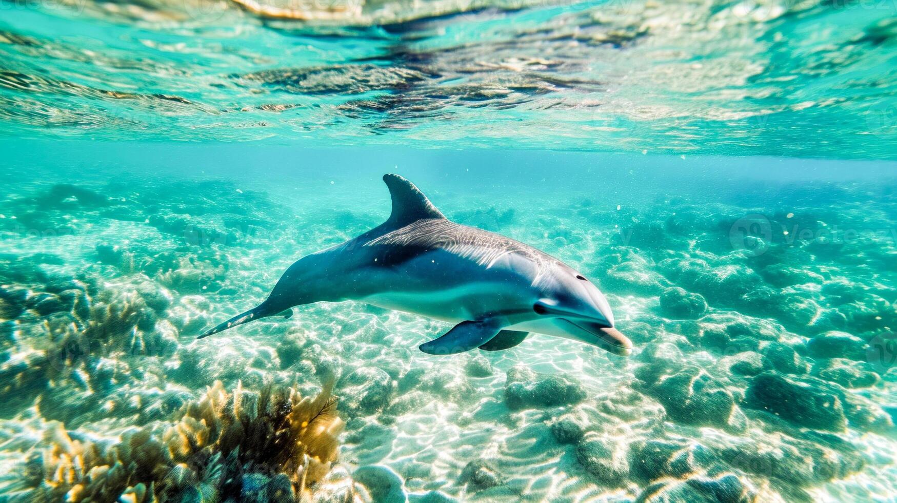 ai generado un delfín se desliza con fácil elegancia en claro turquesa aguas terminado un coral arrecife, capturar el sereno belleza de marina vida. foto