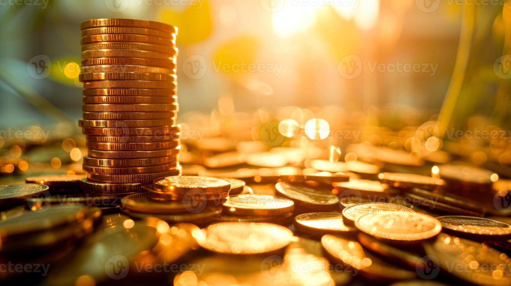 ai generado pilas de monedas bañado en dorado luz de sol, sugerencia riqueza crecimiento, financiero estabilidad, y inversión. foto