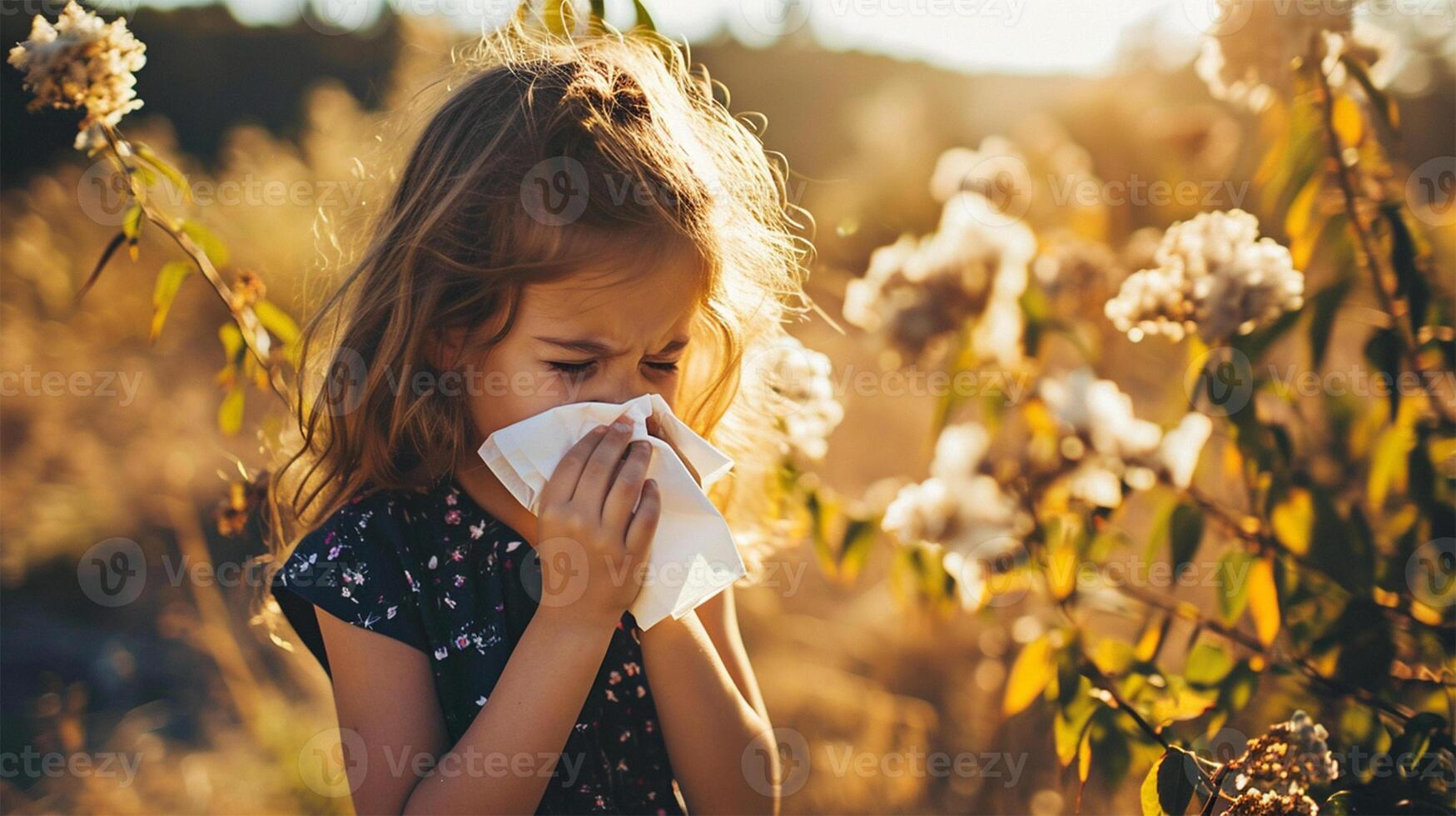 AI Generated A little girl sneezing into a tissue among flowering plants, sunlit and outdoors. Copy space. photo