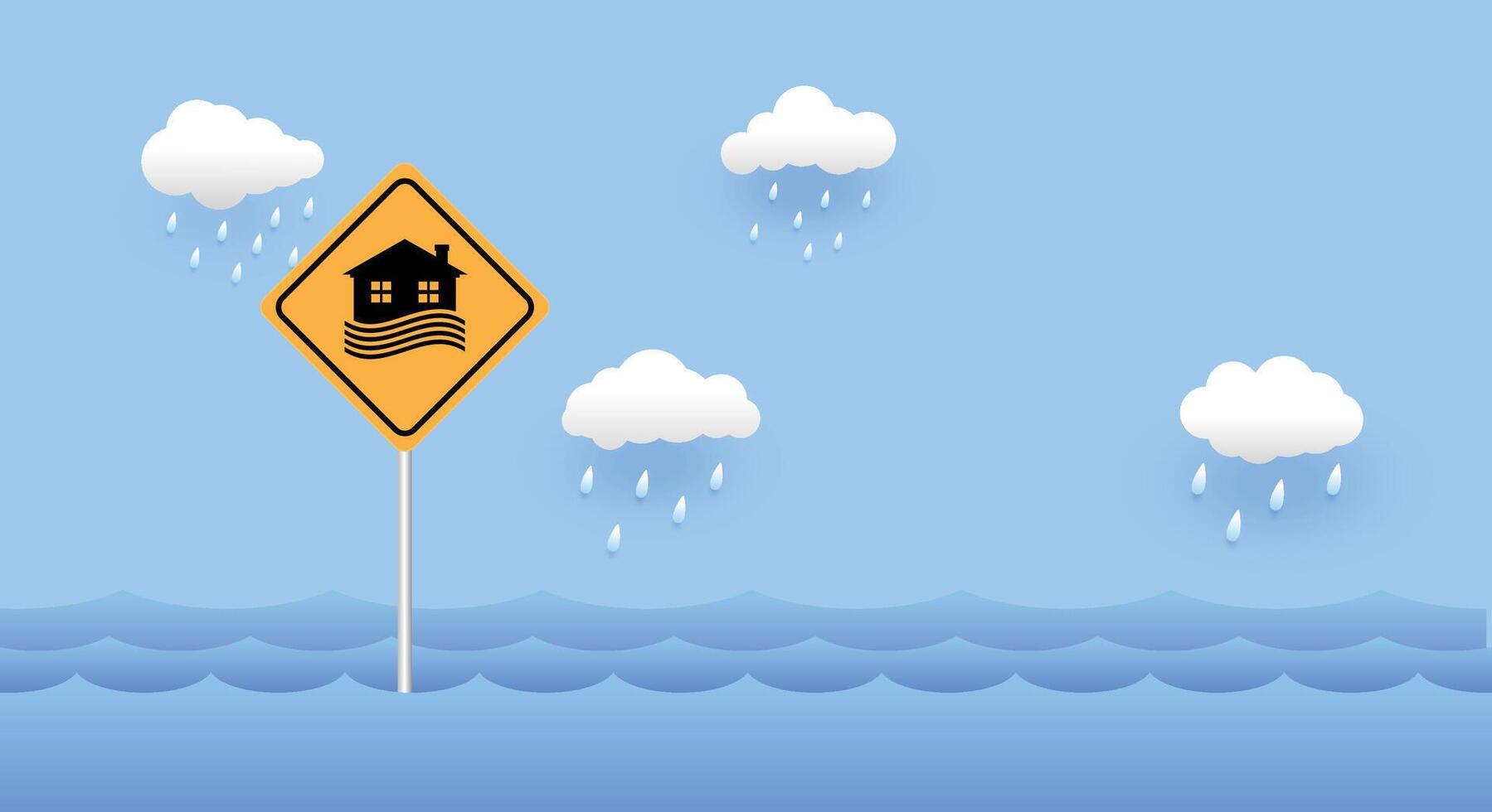 Flood area sign, natural disaster with house, heavy rain and storm , damage with home, clouds and rain, flooding water in city, Flooded house. vector