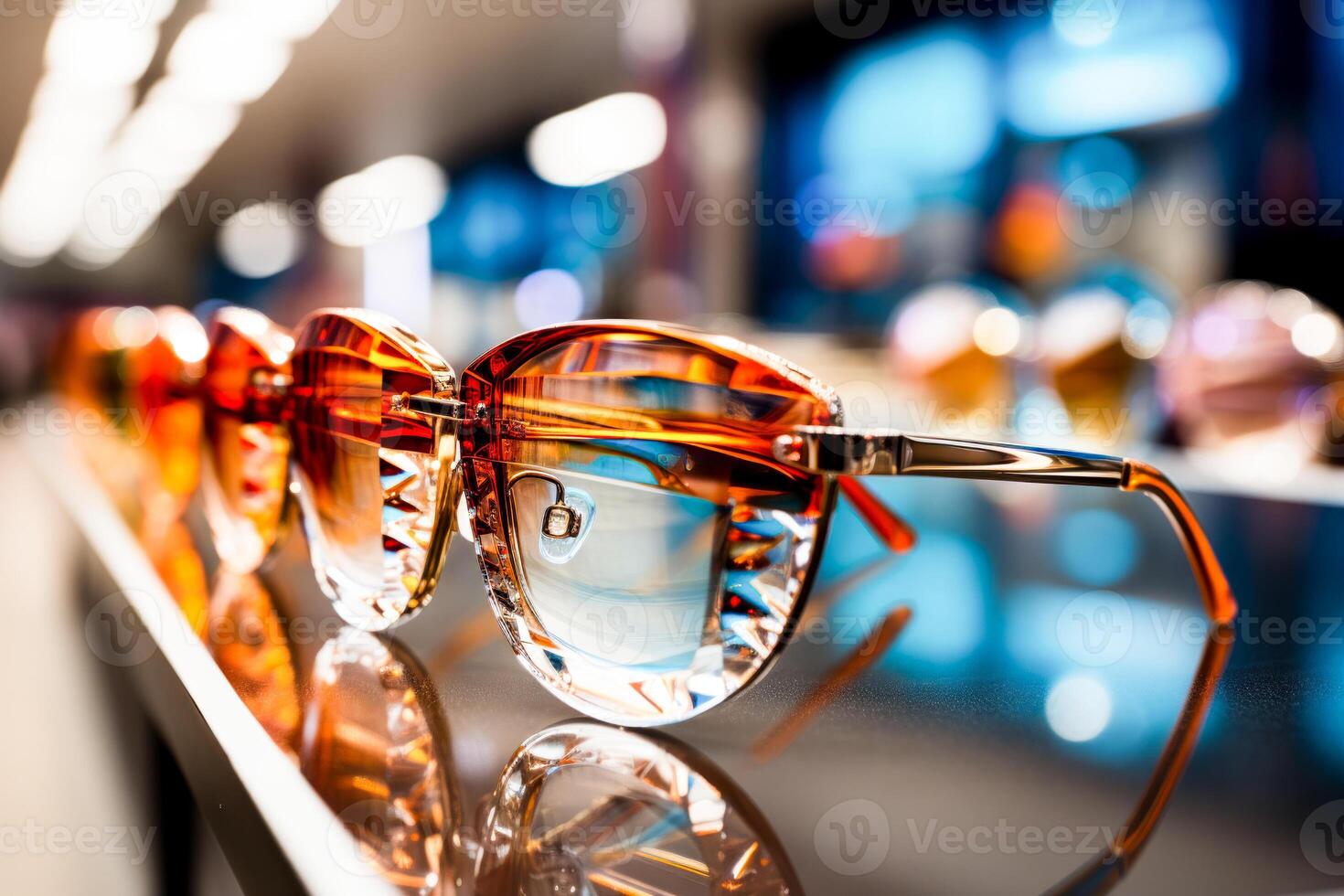AI Generated Close-up of stylish glasses with reflective lenses on a glowing display. photo