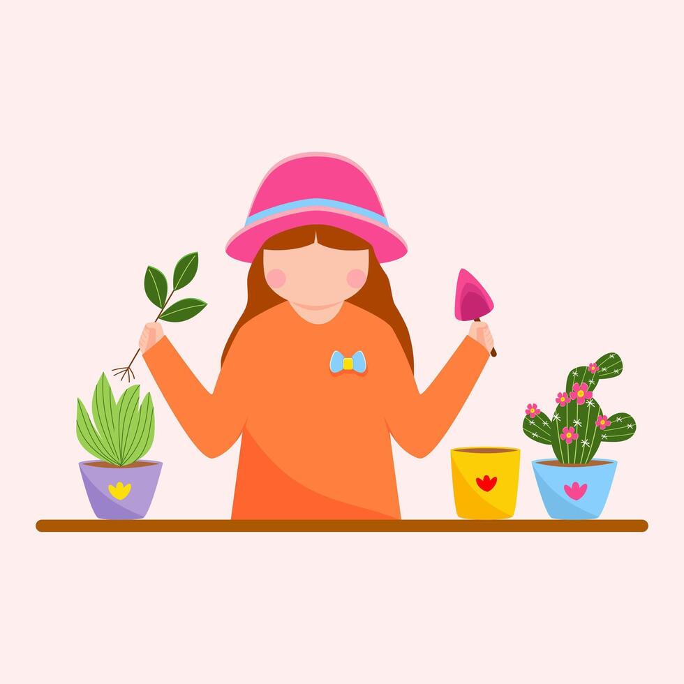 Young girl wearing a hat taking care of plants by planting them in pots, gardening concept. vector