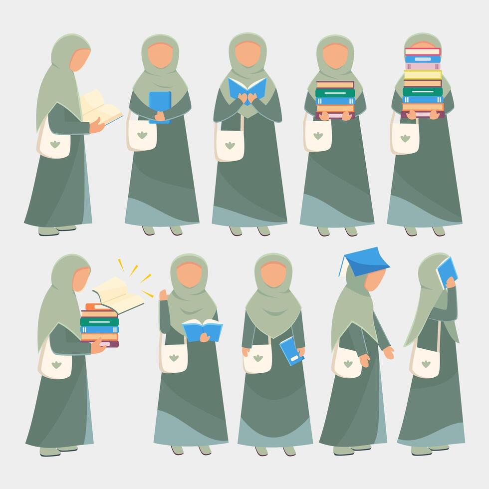 Vector illustration set of Hijab girl reading, learning, holding a book, and carrying a stack of books for educational concept.
