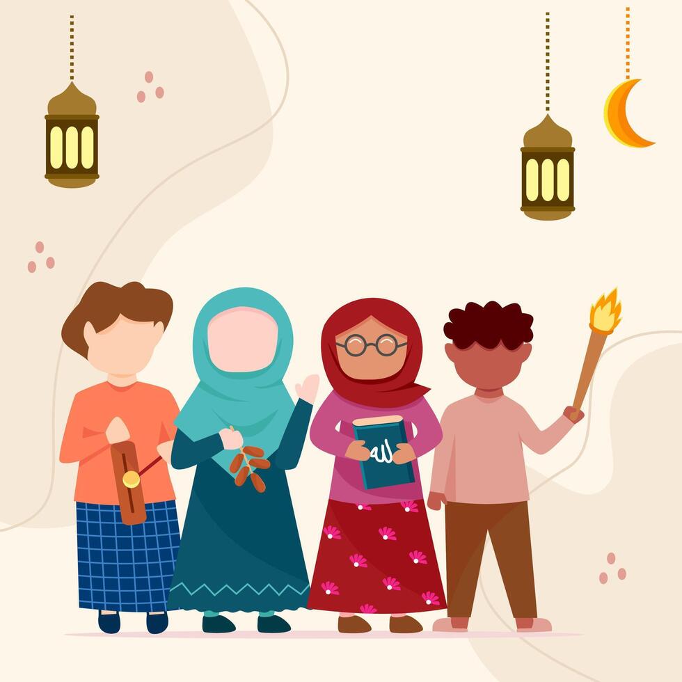 Muslim children celebrate Ramadan Kareem vector illustration with copy space for text.