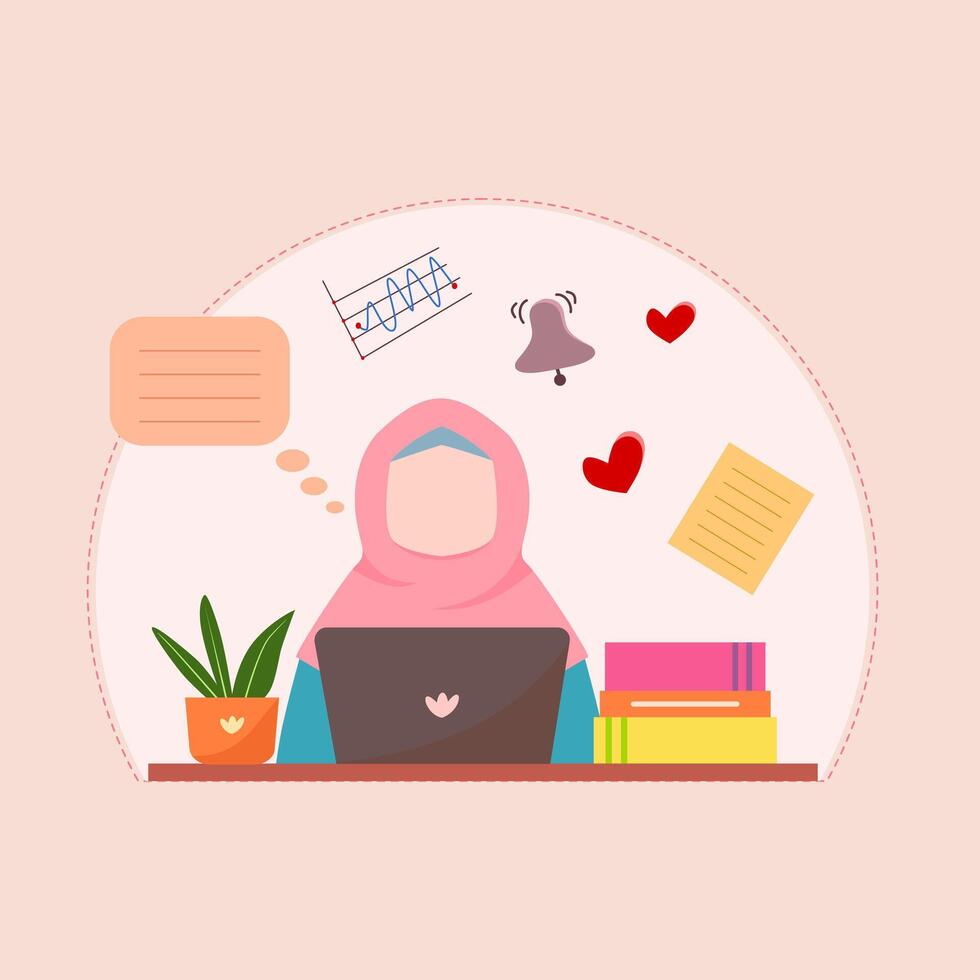 Muslim girl wearing the hijab working online at home as freelancer or content creator. vector